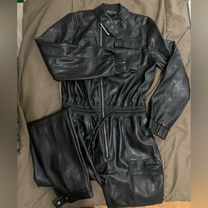 Full-Length Aviator Vegan Leather Jumpsuit